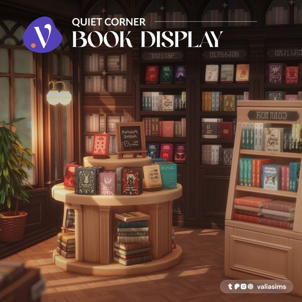 The Sims 4 Quiet Corner CC Review: A Cozy Bookshop Collection You'll Need 6 Sims 4 Quiet Corner CC book display with modular bookshelves, custom book covers, and retail display tables