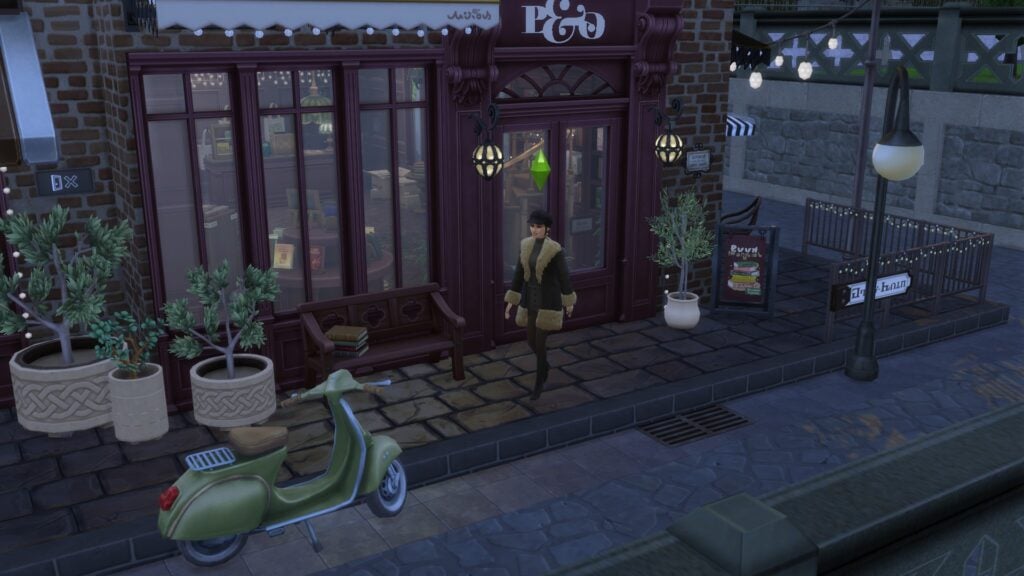 The Sims 4 Quiet Corner CC Review: A Cozy Bookshop Collection You'll Need 1 Sims 4 Quiet Corner CC storefront exterior at night with cozy lighting, shop windows, and sims visiting bookstore