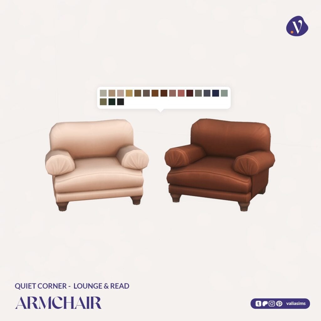 The Sims 4 Quiet Corner CC Review: A Cozy Bookshop Collection You'll Need 69 VALIA Quiet Corner Lounge and Read Armchair 1