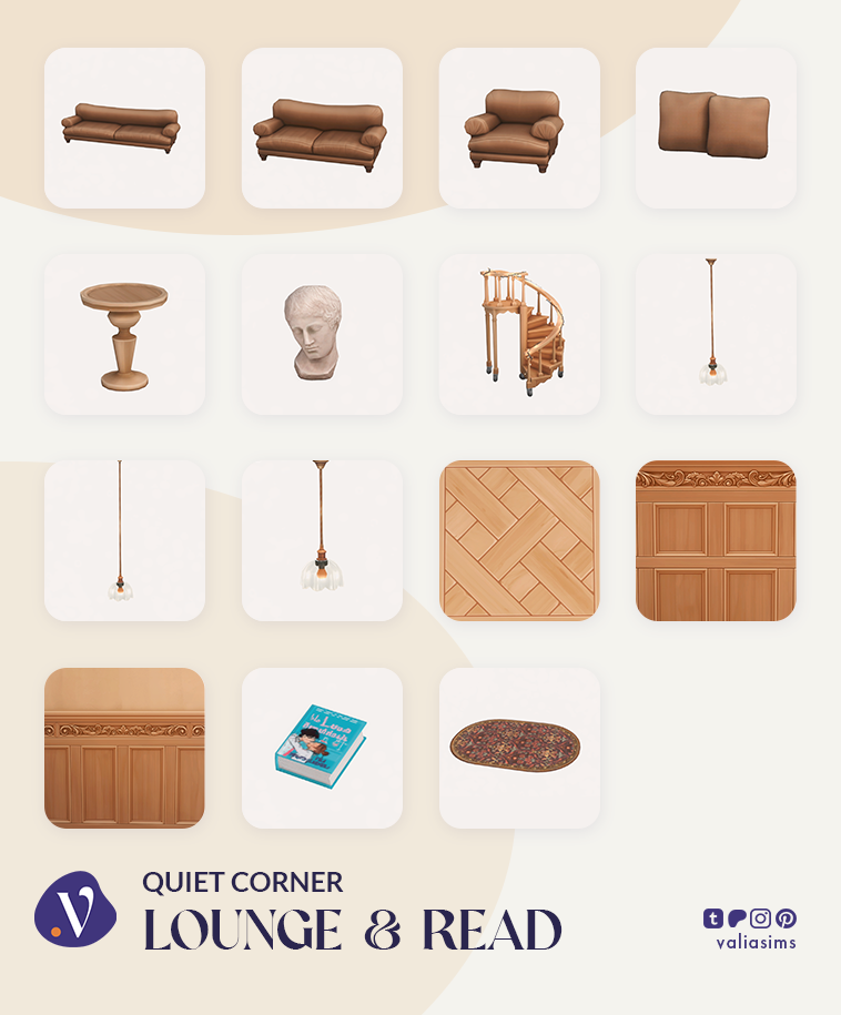 The Sims 4 Quiet Corner CC Review: A Cozy Bookshop Collection You'll Need 13 Sims 4 Quiet Corner CC lounge and read build buy preview with sofa, armchairs, decor, and cozy reading room items