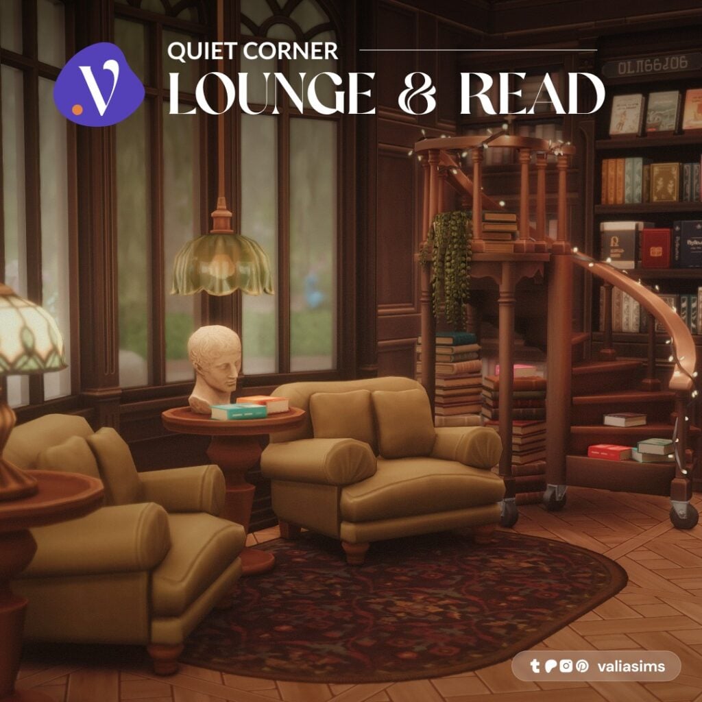 The Sims 4 Quiet Corner CC Review: A Cozy Bookshop Collection You'll Need 7 Sims 4 Quiet Corner CC cozy reading lounge with armchairs, sofa seating, and decorative library staircase