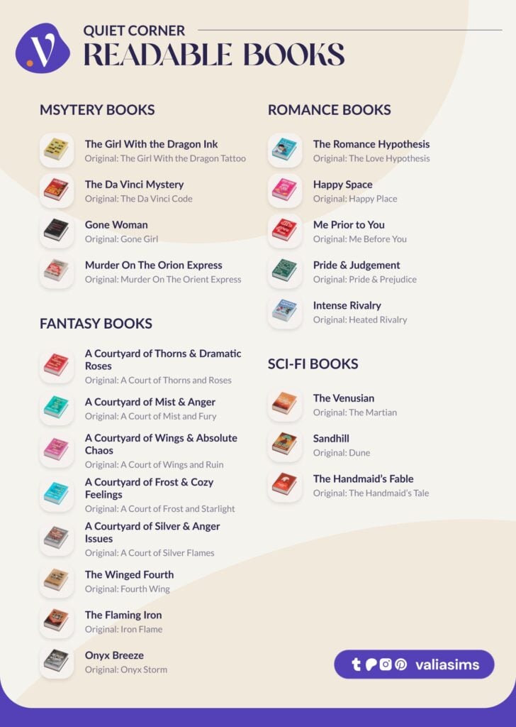 The Sims 4 Quiet Corner CC Review: A Cozy Bookshop Collection You'll Need 8 Sims 4 Quiet Corner CC readable books list featuring mystery, romance, fantasy, and sci fi custom book titles