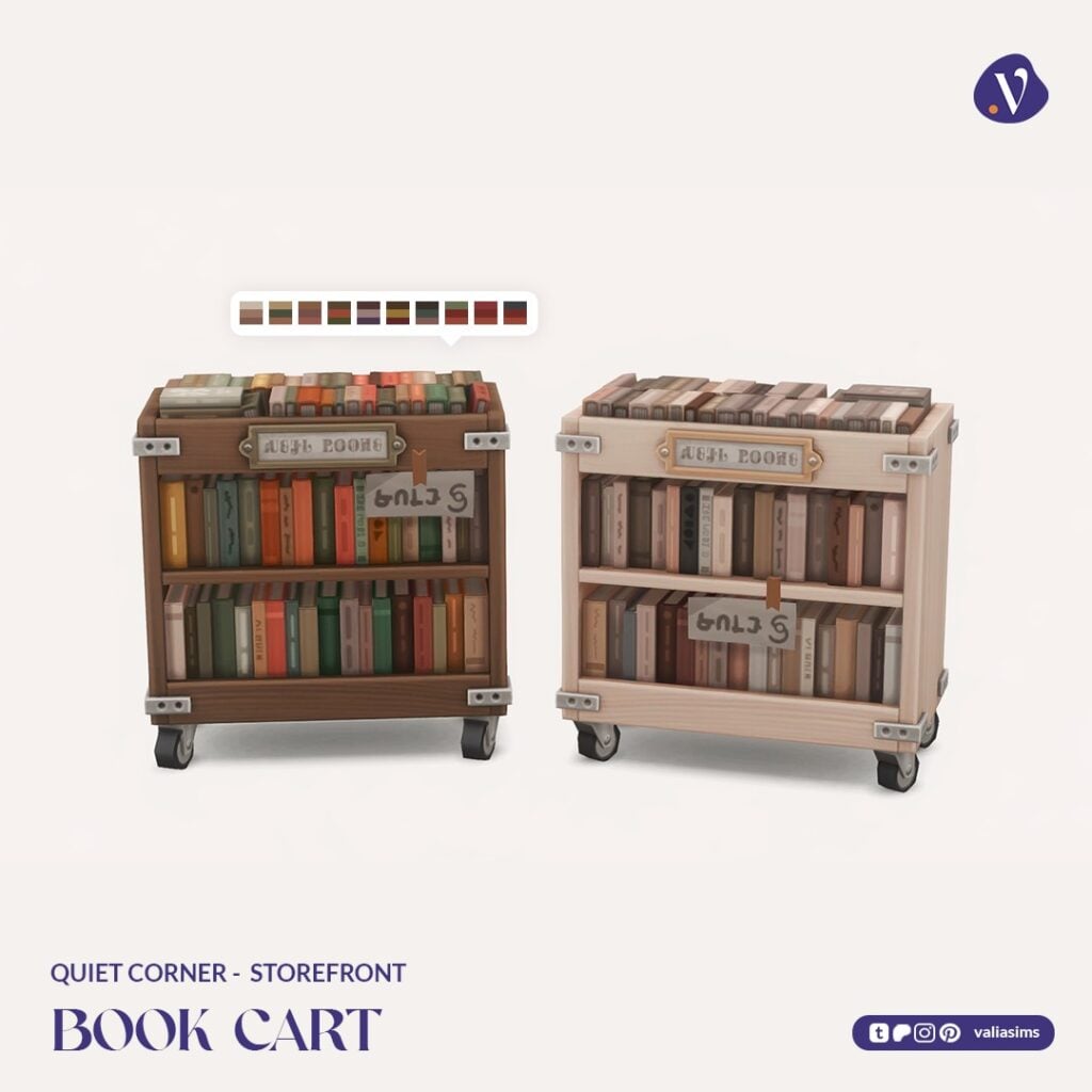 The Sims 4 Quiet Corner CC Review: A Cozy Bookshop Collection You'll Need 65 VALIA Quiet Corner Storefront Book Cart 1