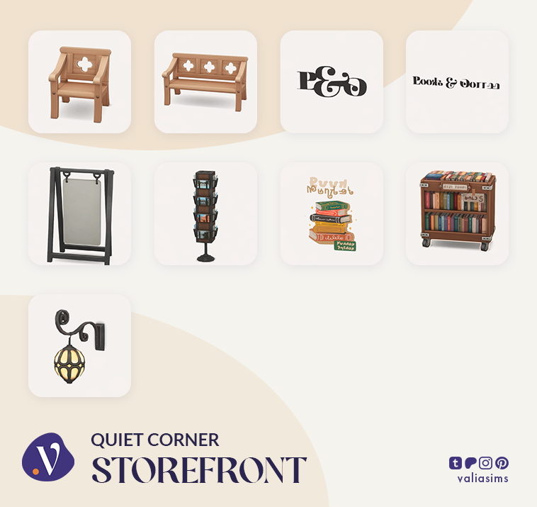 The Sims 4 Quiet Corner CC Review: A Cozy Bookshop Collection You'll Need 10 Sims 4 Quiet Corner CC storefront build buy preview with benches, book cart, signage, and exterior shop decor
