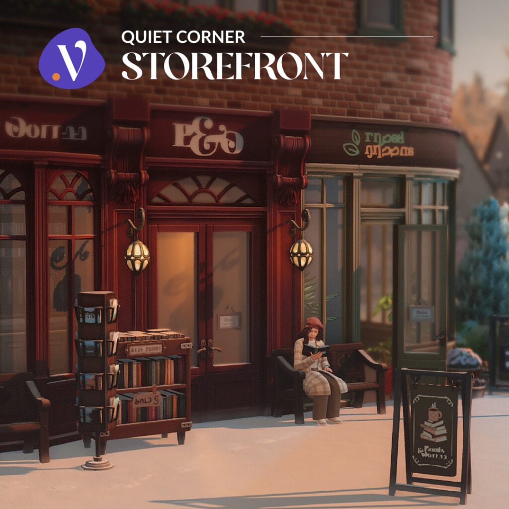 The Sims 4 Quiet Corner CC Review: A Cozy Bookshop Collection You'll Need 4 Sims 4 Quiet Corner CC storefront with book cart, bench seating, and detailed shop signs for a cozy bookstore build
