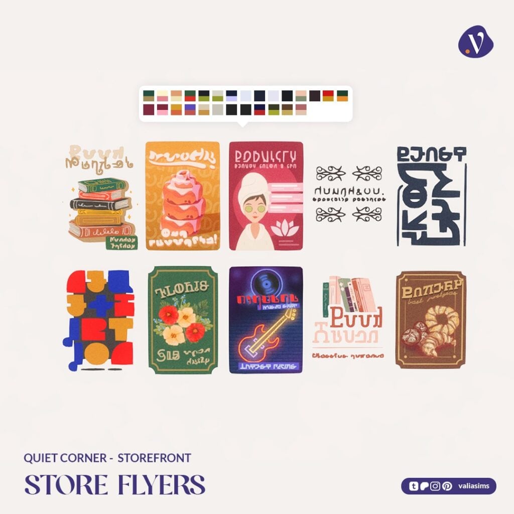 The Sims 4 Quiet Corner CC Review: A Cozy Bookshop Collection You'll Need 57 VALIA Quiet Corner Storefront Store Flyers 1