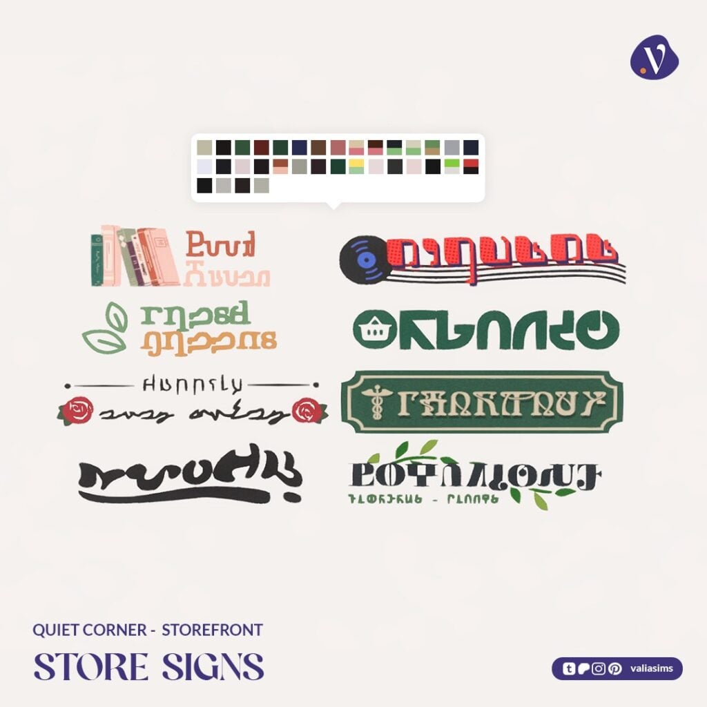 The Sims 4 Quiet Corner CC Review: A Cozy Bookshop Collection You'll Need 51 VALIA Quiet Corner Storefront Store Signs 1