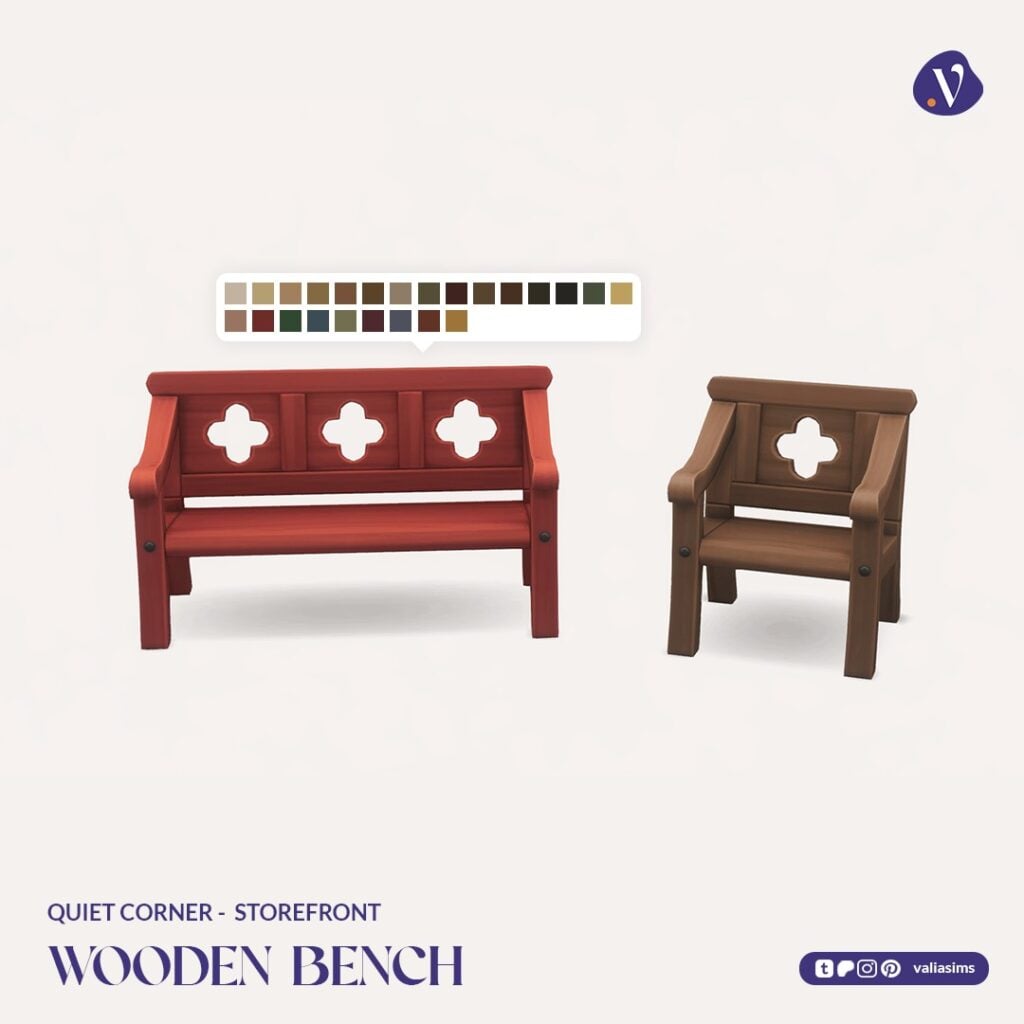 The Sims 4 Quiet Corner CC Review: A Cozy Bookshop Collection You'll Need 66 VALIA Quiet Corner Storefront Wooden Bench 1