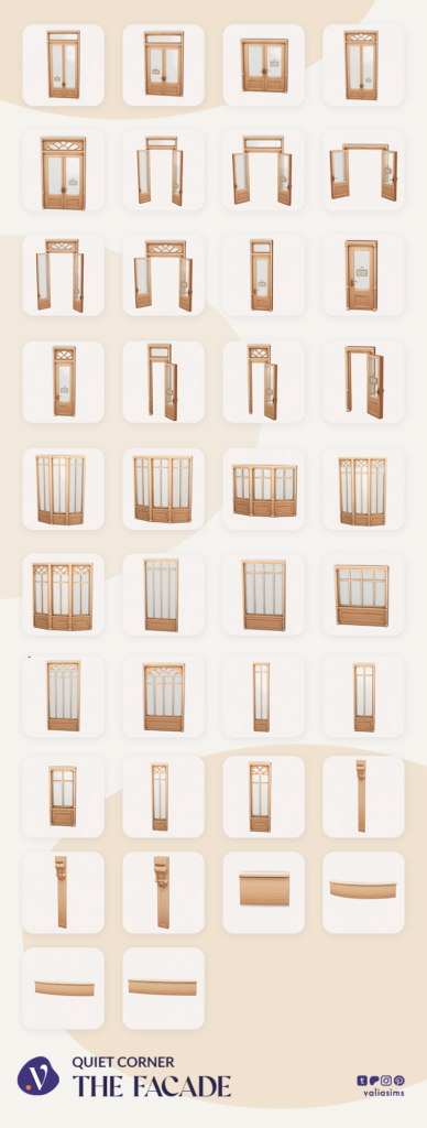 The Sims 4 Quiet Corner CC Review: A Cozy Bookshop Collection You'll Need 9 Sims 4 Quiet Corner CC facade build buy preview showing doors, windows, bay windows, and decorative exterior pieces