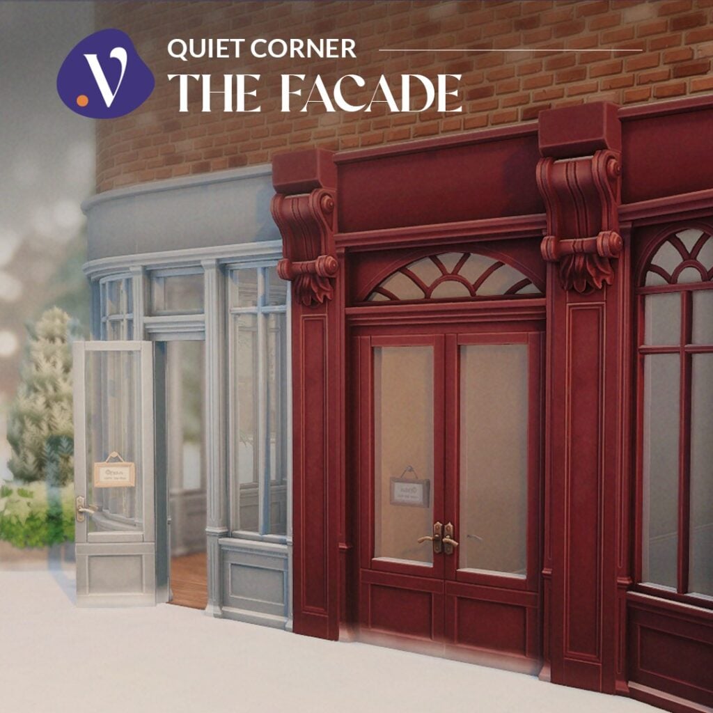 The Sims 4 Quiet Corner CC Review: A Cozy Bookshop Collection You'll Need 3 Sims 4 Quiet Corner CC facade featuring curved windows, bay windows, and cozy bookstore exterior design