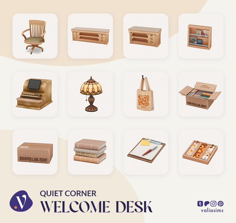 The Sims 4 Quiet Corner CC Review: A Cozy Bookshop Collection You'll Need 11 Sims 4 Quiet Corner CC welcome desk build buy preview featuring counter, cash register, lamp, and bookstore clutter items