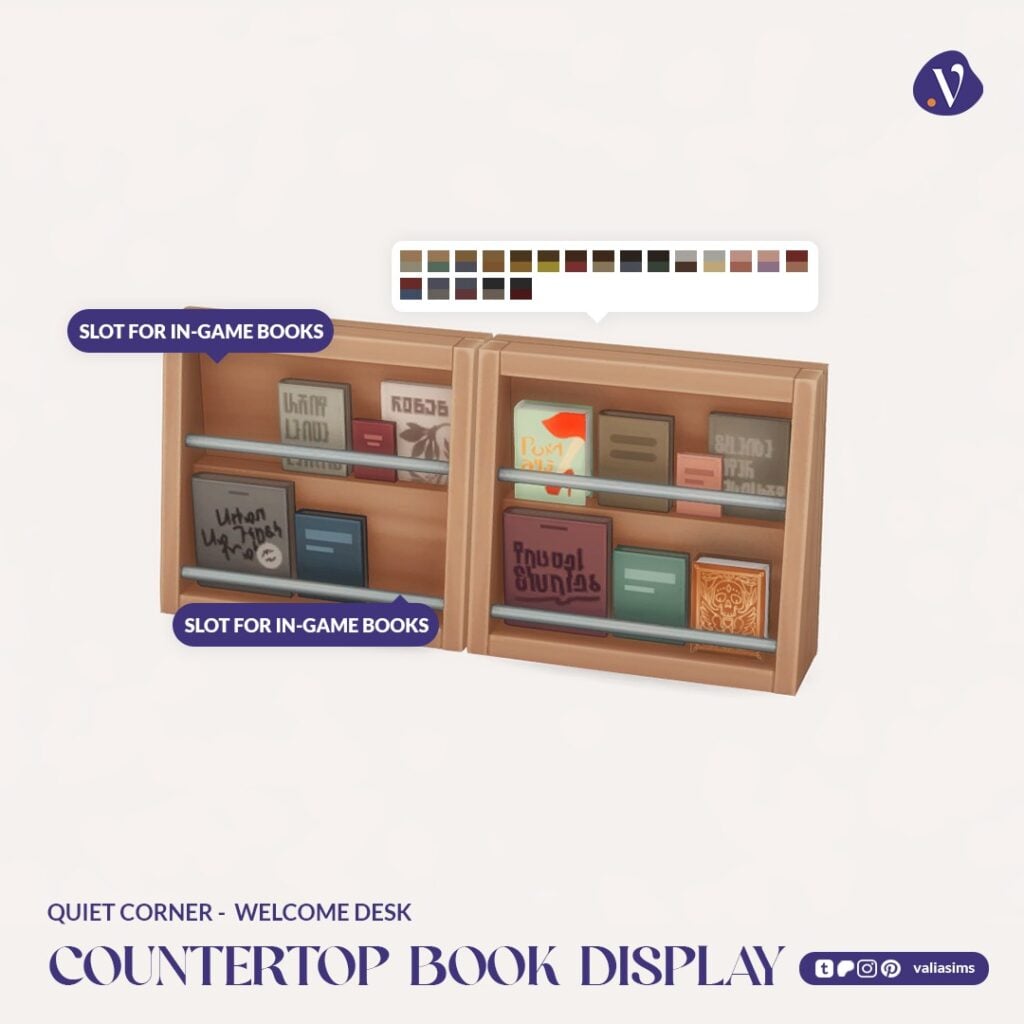 The Sims 4 Quiet Corner CC Review: A Cozy Bookshop Collection You'll Need 59 VALIA Quiet Corner Welcome Desk Countertop Book Display 1