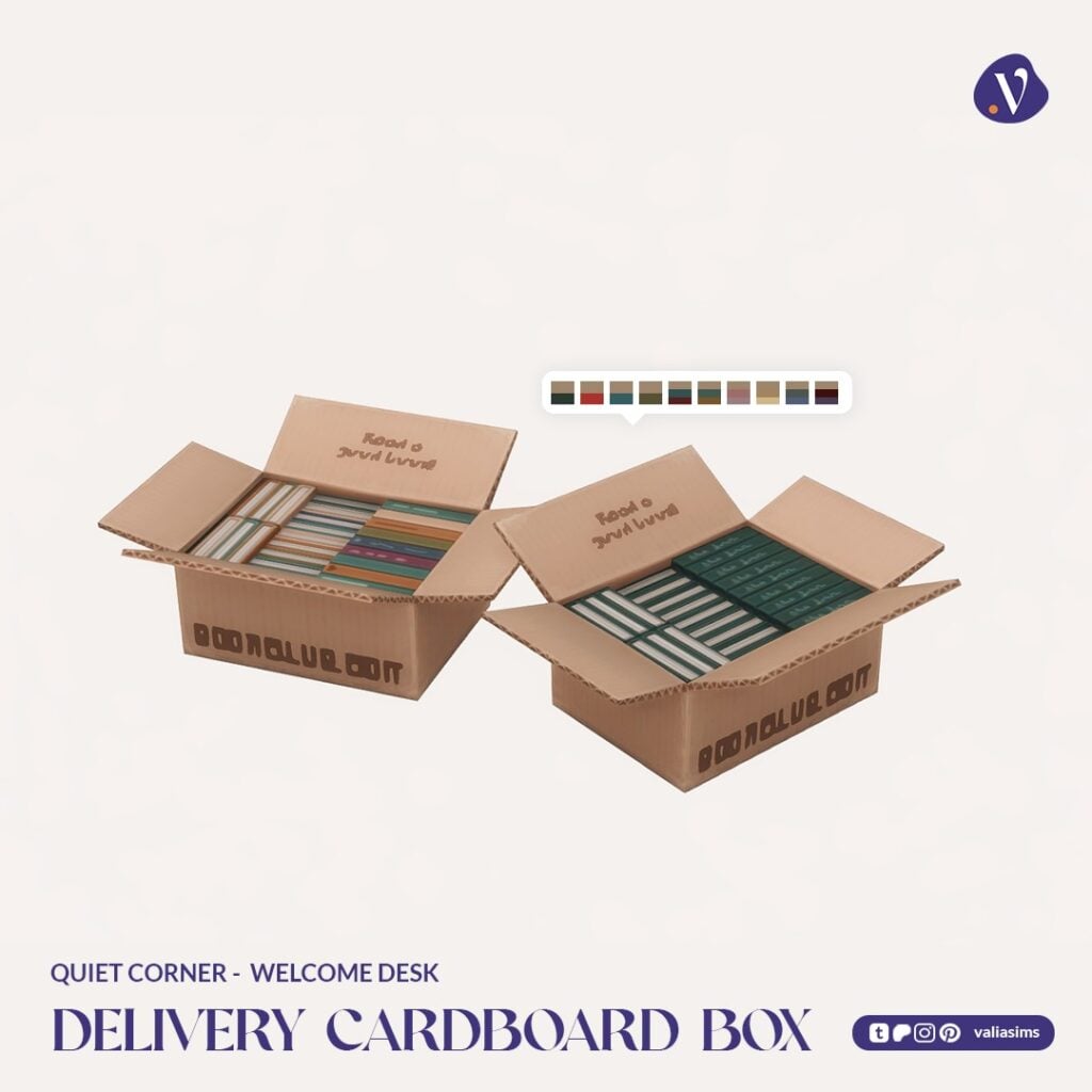 The Sims 4 Quiet Corner CC Review: A Cozy Bookshop Collection You'll Need 39 VALIA Quiet Corner Welcome Desk Delivery Cardboard Box 1