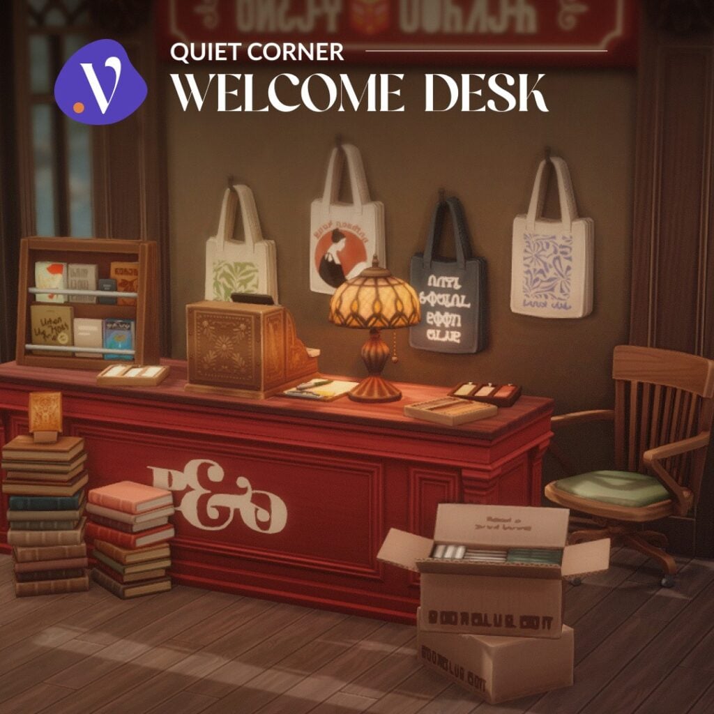 The Sims 4 Quiet Corner CC Review: A Cozy Bookshop Collection You'll Need 5 Sims 4 Quiet Corner CC welcome desk with bookstore counter, cash register, and decorative bookshop clutter