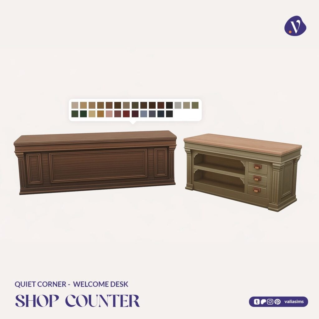 The Sims 4 Quiet Corner CC Review: A Cozy Bookshop Collection You'll Need 61 VALIA Quiet Corner Welcome Desk Shop Counter 1