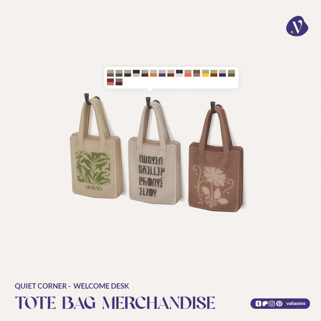 The Sims 4 Quiet Corner CC Review: A Cozy Bookshop Collection You'll Need 58 VALIA Quiet Corner Welcome Desk Tote Bag Merchandise 1