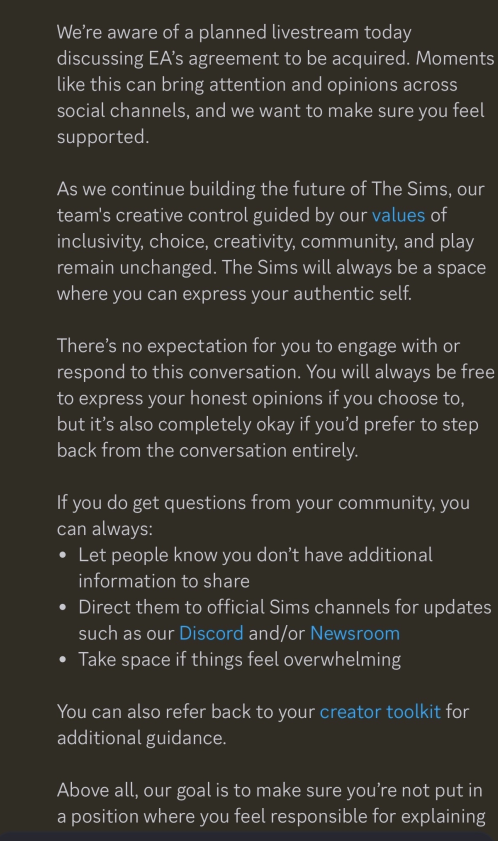 EA Responds to EA Buyout Petition in a Private Leaked Message to Sims Creators 3 ea response ea buyout livestream1