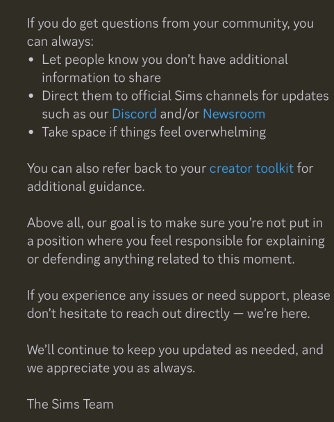 EA Responds to EA Buyout Petition in a Private Leaked Message to Sims Creators 4 ea response ea buyout livestream2