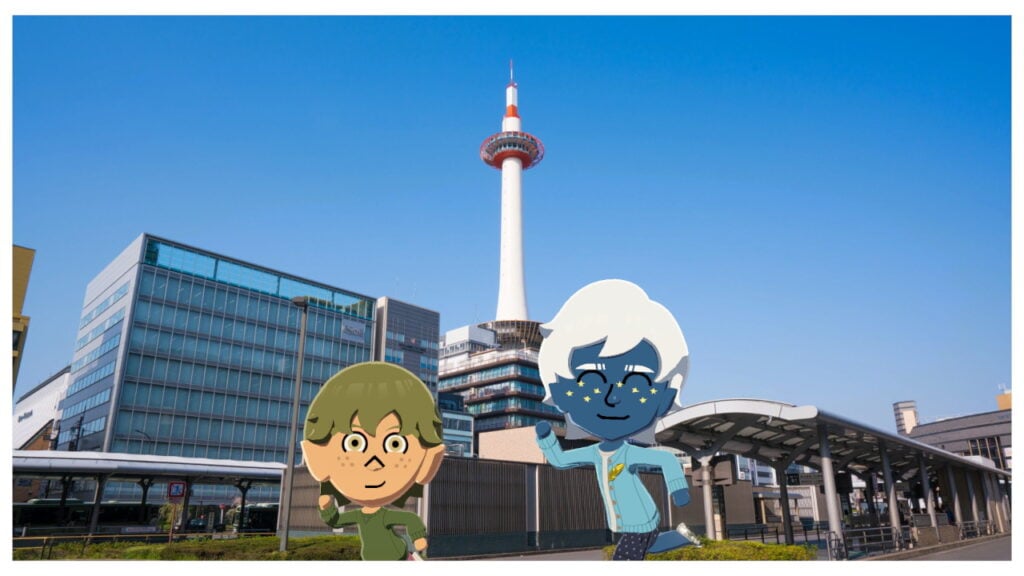 Two Miis stand in front of a white and red tower.