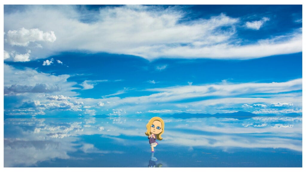 A Mii stands in front of a body of water that mirrors the sky.