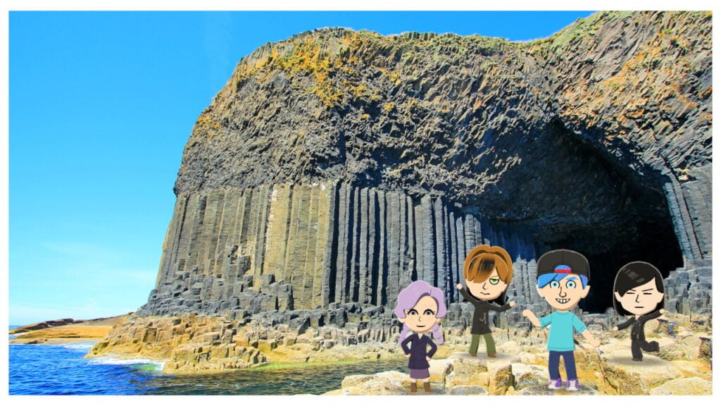 4 Miis stand in front of a cave mouth