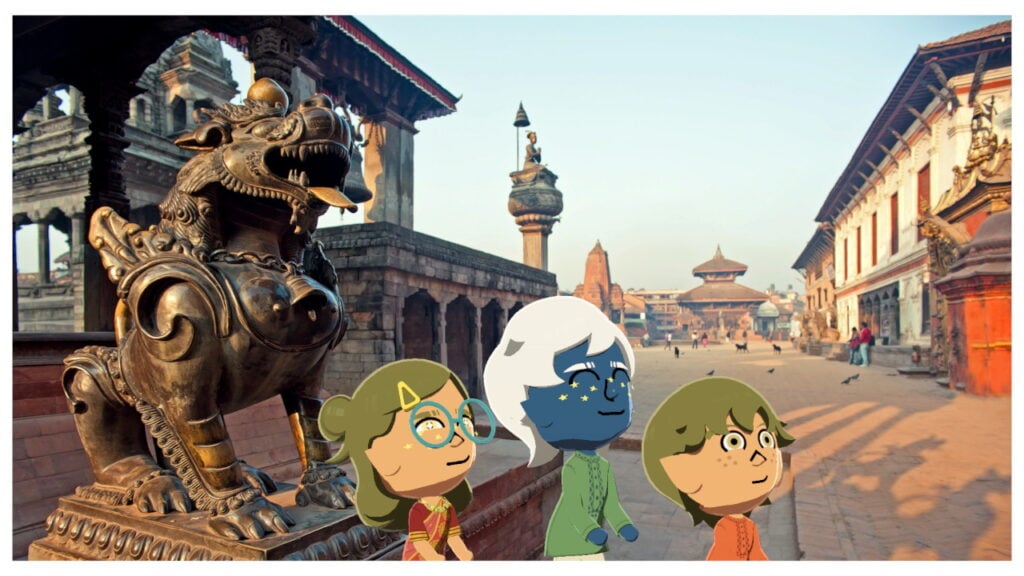 Three Miis mimic the pose of the lion statue they're next to (vacations and souvenirs)