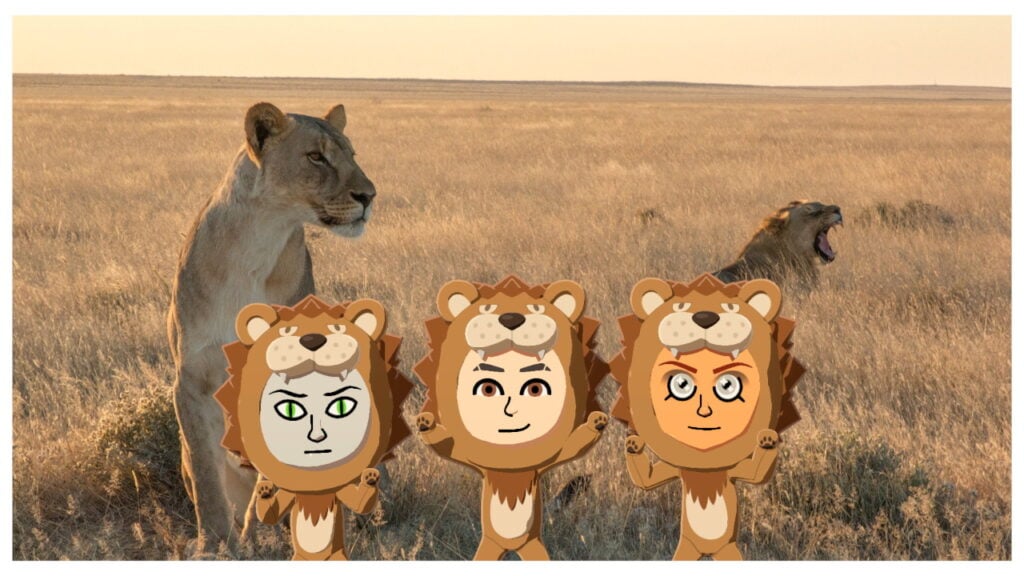 Three Miis dressed in lion costumes stand in front of lions. 