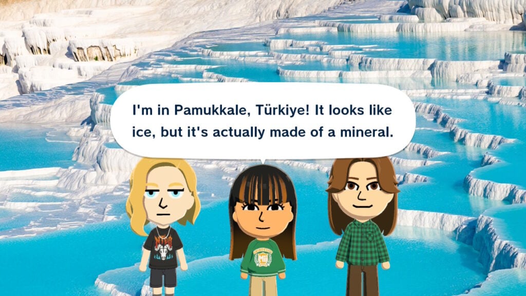 Three Miis stand in front of a blue rock landscape.