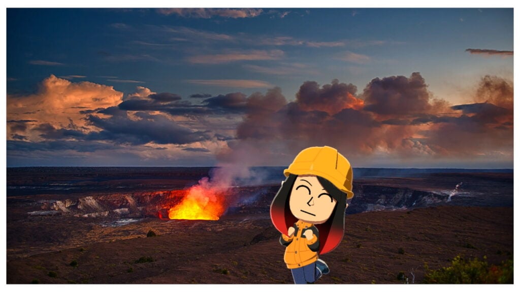 A Mii stands cutely in front of a volcano.