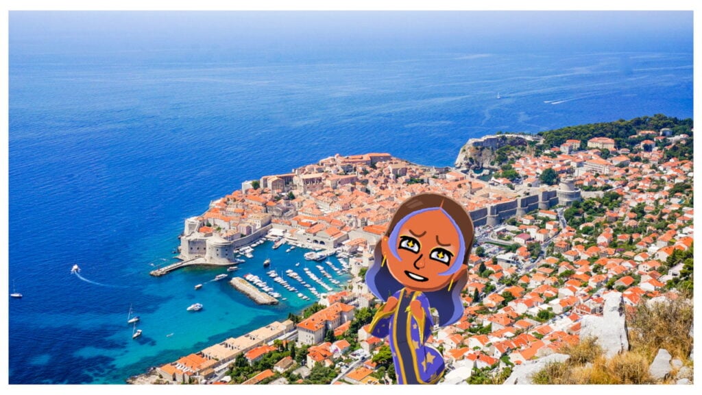 A Mii stands in front of a sprawling oceanside town.