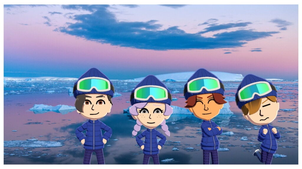 Four Miis stand in front of a pink and blue sky
