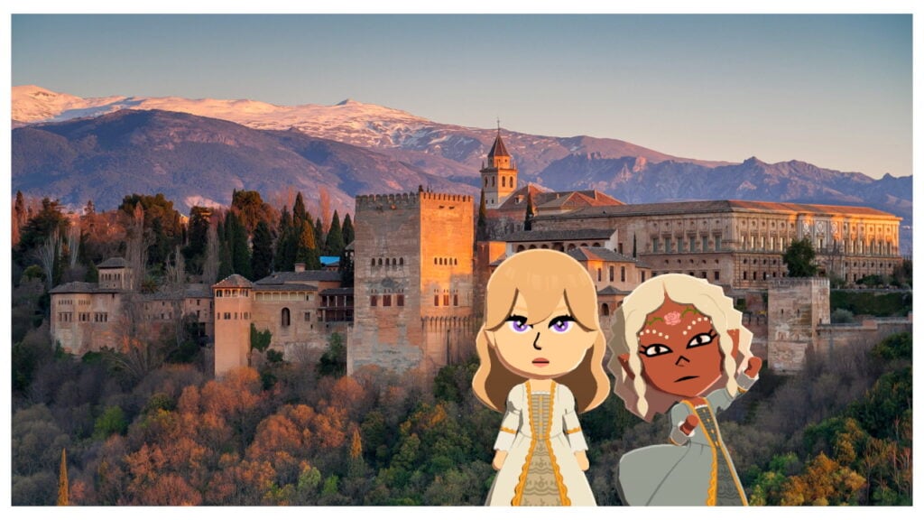 Two Miis dressed in gowns stand in front of a castle in Living the Dream.