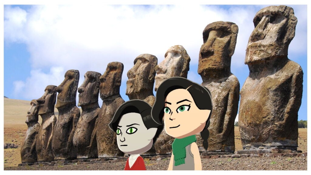 Two Miis stand in front of many stone statues. 