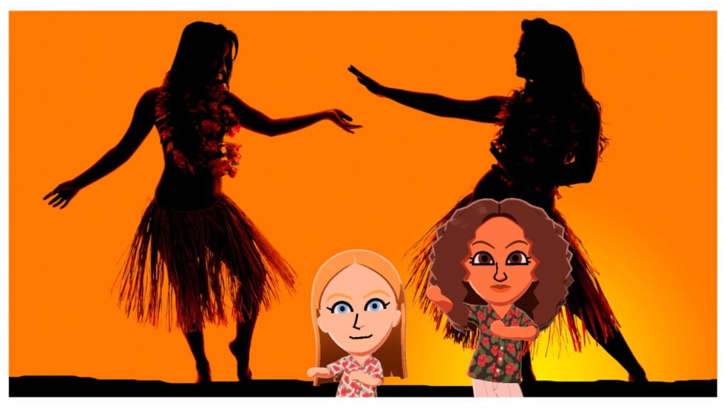 Two Miis dance in front of silhouettes of two hula dancers.  