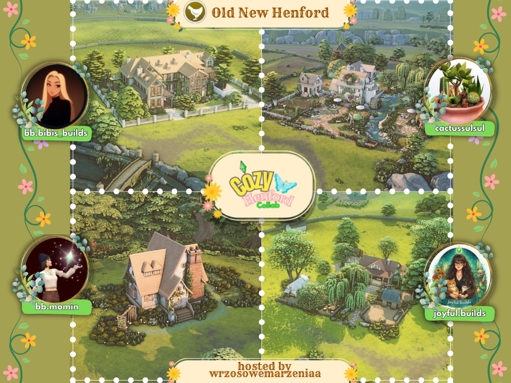 Map overview of the Old New Henford area in The Sims 4 Cozy Henford Save File showcasing countryside estates, cozy cottages, family homes, and farm-inspired builds.