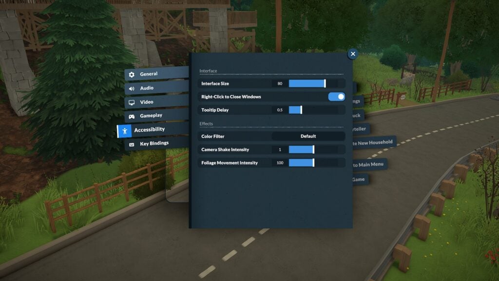 Paralives Controls Guide: Keyboard Shortcuts, Camera Controls, and Keybindings 7 Paralives accessibility settings menu featuring interface scaling, tooltip delay, and camera shake customization