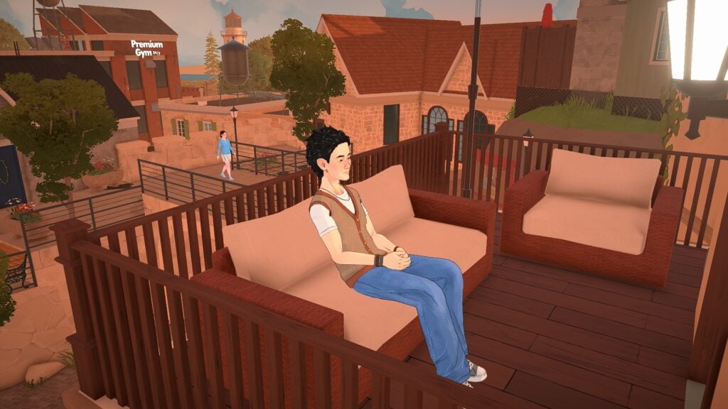 Why Paralives Already Feels Like a Cozy Escape 16 Para relaxing alone on a balcony at sunset overlooking the cozy town atmosphere in Paralives cozy escape.