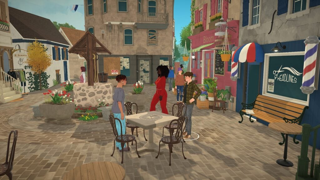 Small Paralives Gameplay Details That Make the World Feel Alive 1 Paralives gameplay details showcasing a lively town square filled with Parafolk interactions, colorful shops, outdoor seating, and immersive environmental storytelling.