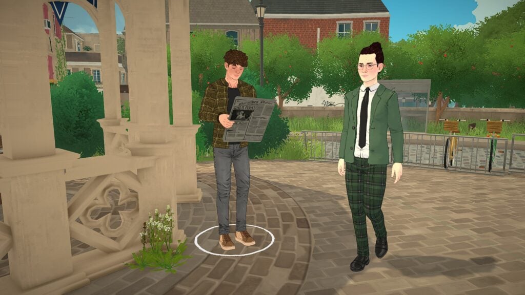 Small Paralives Gameplay Details That Make the World Feel Alive 22 Paralives gameplay details featuring a Para reading the daily newspaper in a cozy town plaza while other Parafolk walk naturally through the environment.