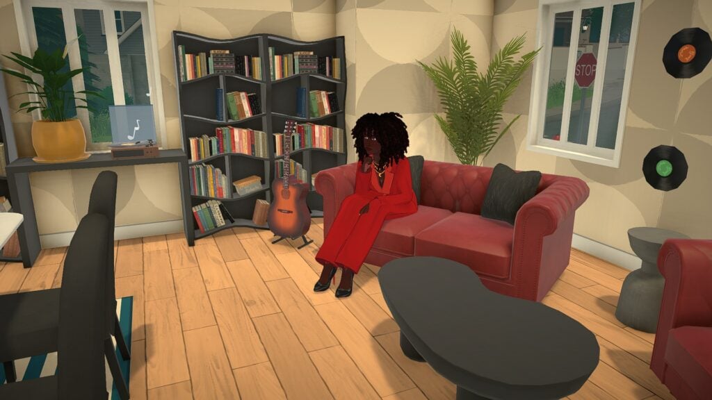 Why Paralives Already Feels Like a Cozy Escape 5 Paralives cozy escape living room featuring a Para relaxing on a red sofa surrounded by bookshelves, plants, and warm apartment dรฉcor.
