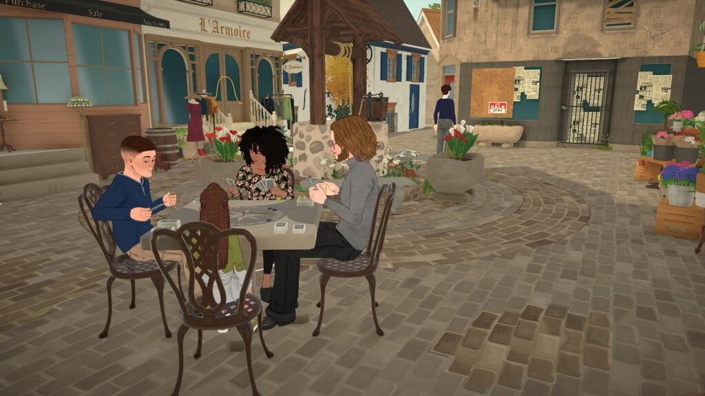 Why Paralives Already Feels Like a Cozy Escape 1 Family playing cards together in a Paralives cozy escape town square surrounded by flower shops, cobblestone streets, and community spaces