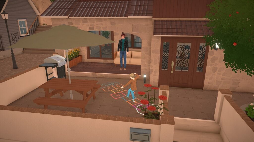 Why Paralives Already Feels Like a Cozy Escape 9 Family home in Paralives cozy escape featuring a child playing hopscotch outside while a parent watches from the porch in a cozy neighborhood setting.