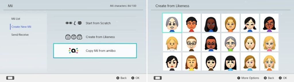 Mii Maker Comparison: From Miitopia to Tomodachi Life 2 Pictures showing Mii creation options, alongside with Mii selection in Create from Likeness.