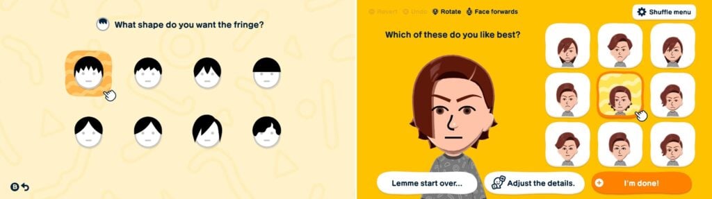 Mii Maker Comparison: From Miitopia to Tomodachi Life 6 Pictures showcasing creating a Mii using prompts option.