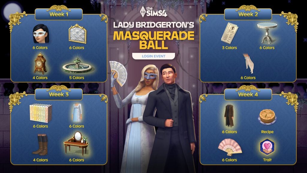 An image outlining The Sims 4 Lady Bridgerton's Ballroom event rewards. Two Sims wearing elegant masquerade costume stand side by side with weekly event rewards around them.