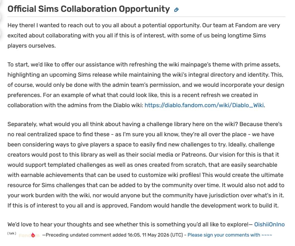 EA And FANDOM Reach Out To The Sims Wiki To Help For Upcoming Releases 4 Screenshot 2026 05 15 at 15.21.14