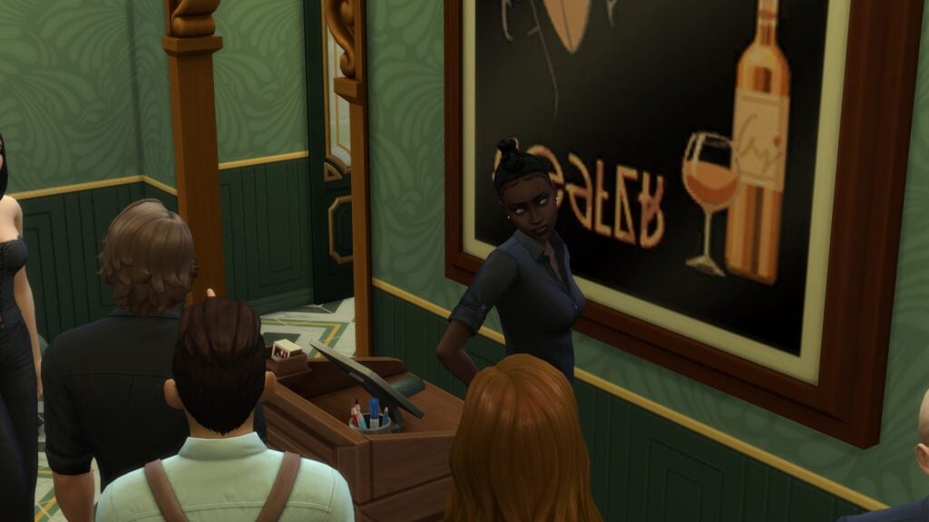 Sims 4 Dine Out 2026 hostess giving judgmental look during restaurant date night