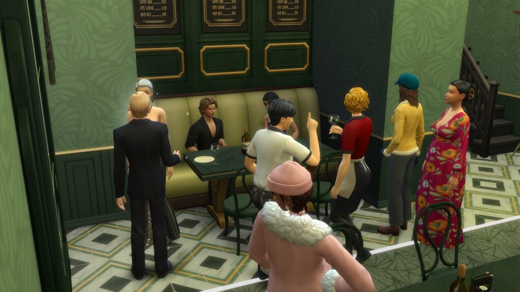 Sims 4 Dine Out 2026 busy restaurant scene with multiple Sims surrounding dining table