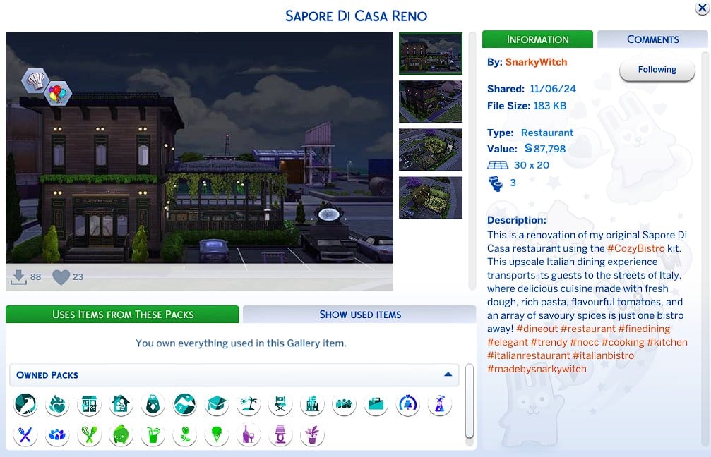 Sims 4 Dine Out 2026 custom Gallery restaurant Sapore Di Casa Reno by SnarkyWitch