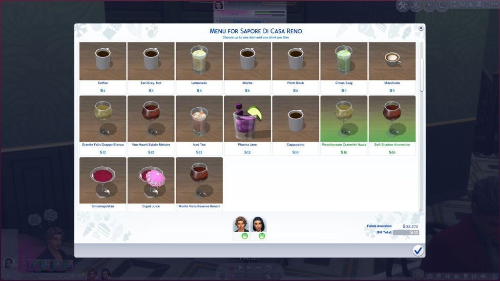 Sims 4 Dine Out Riverblossom and Soft Shadow drinks